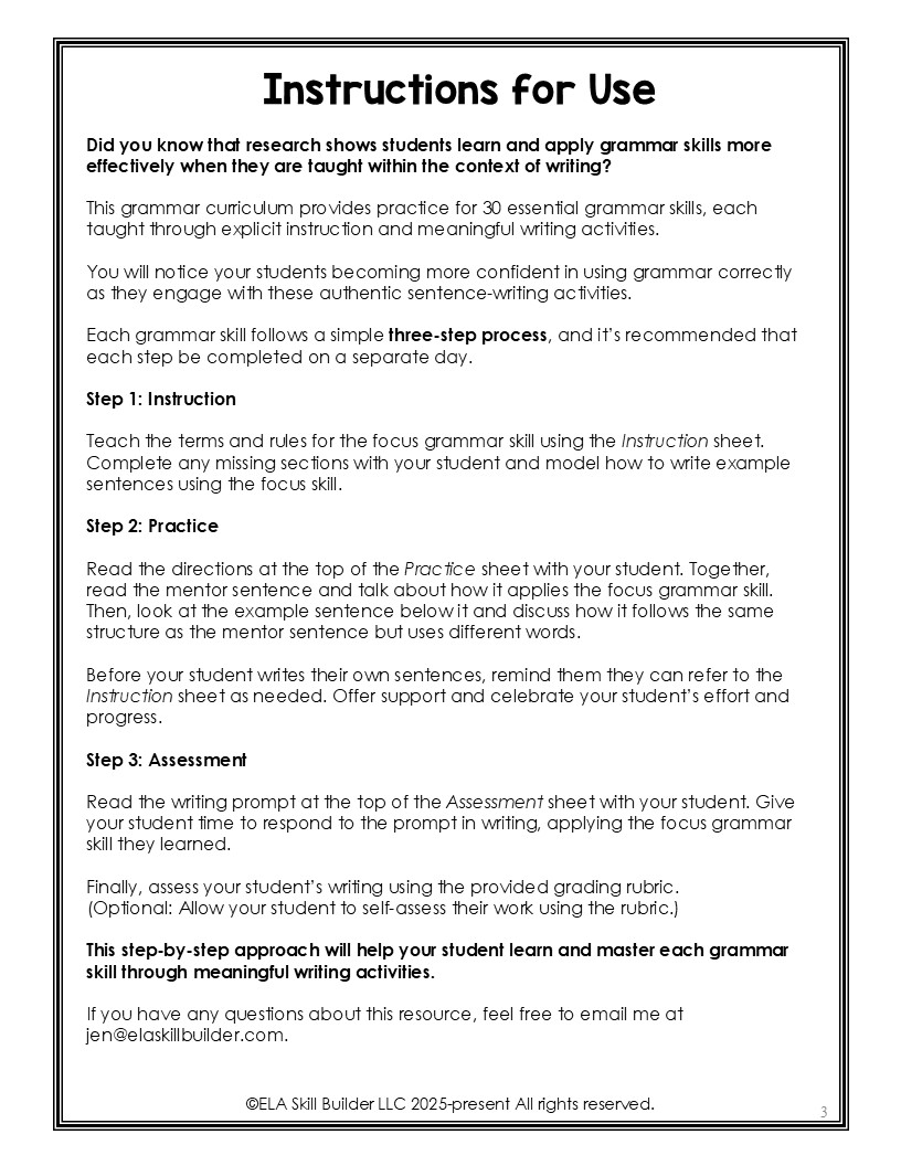 Grade 1 Homeschool Grammar Curriculum Workbook 3 Grade Homeschool Grammar Curriculum Instructions